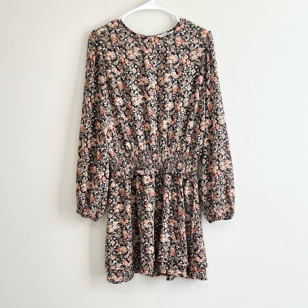 United Lovers Smocked Waist Long Sleeve Floral Dress
